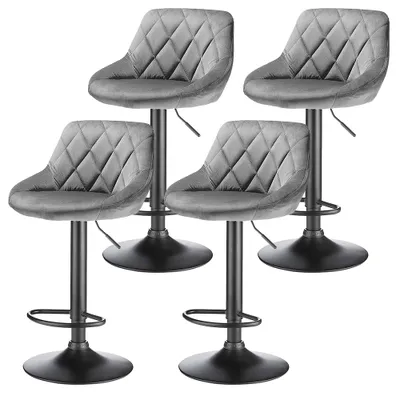 Four gray bar stools arranged in a group on a white background.