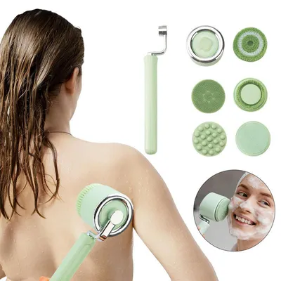Produktbild von Elektrische Duschbürste mit abnehmbarem Griff und 5 Bürstenköpfen, 3 Geschwindigkeitsstufen für Hautpflege, Grundreinigung und Massage.
