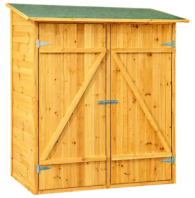 Produktbild von Geräteschuppen Gartenschrank aus Holz mit Pultdach, verschließbar, inkl. Innenregal mit 2 Böden, 140x75x162 cm, Braun