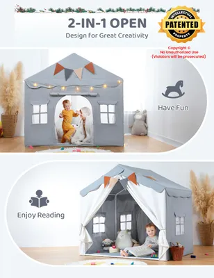 Image de Maison de jeu pour enfants 2 en 1, avec tapis et guirlande lumineuse, pour intérieur, couleur grise, chambre d'enfant