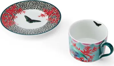 Zdjęcie produktu dla Mikasa x Sarah Arnett filiżanka i spodek, zestaw filiżanka i spodek z porcelany, wyjątkowy kubek na prezent, z nadrukiem motyla, 250 ml, można myć w zmywarce