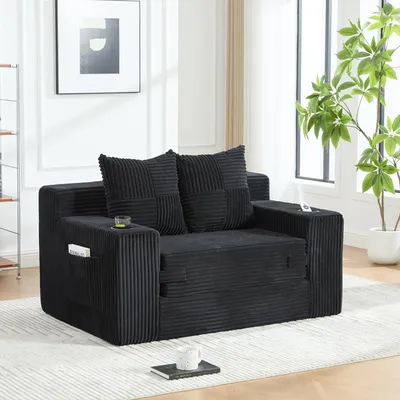 Immagine prodotto di DIVANO MODFU Biposto, divano relax con 2 cuscini, tasche laterali e portabicchieri, moderno divano doppio con spazio contenitivo, divano lounge per soggiorno, colore nero