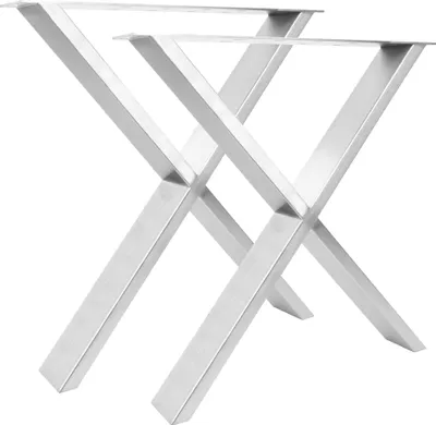 Two silver metal table legs in an X shape, presented against a white background.