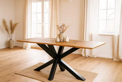 Produktbild von Esstisch 160x85cm Akazie massiv natur Schweizer Kante Spider-Gestell schwarz ABBY
