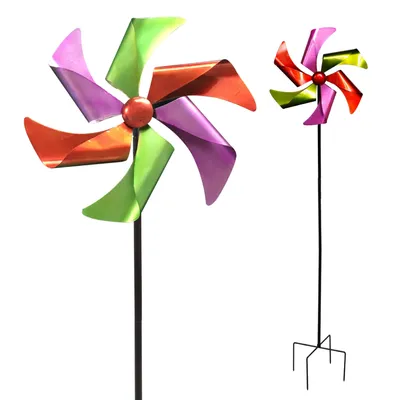 Produktbild von Windrad Windspiel Metall Gartendeko Balkon Terrasse Erdspieß grün violett rot
