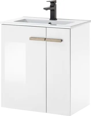 Produktbild von LIVOJO S12 Badezimmer Waschtisch mit Waschbecken 60 x 70 x 40 cm Weiß Hochglanz & Eiche Nachbildung