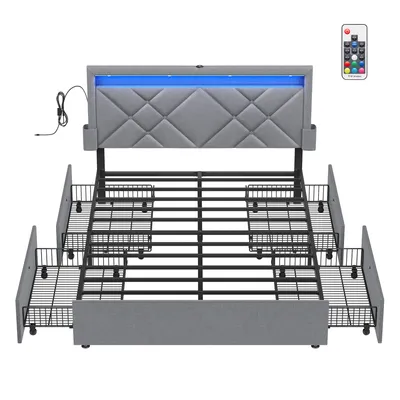Obrázek produktu pro Rám postele VASAGLE, rám postele, 140 x 200 cm, LED, kovová postel, 4 zásuvky, nabíjecí stanice, nastavitelné čalouněné čelo, světle šedá barva