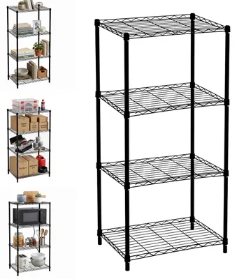Productafbeelding van Relaxdays metalen rek, 4 niveaus, maximaal 35 kg per niveau, afmetingen: 120 x 56 x 35 cm, geschikt voor huis, kelder en garage, steeksysteem, staal, zwart, AI-gegenereerde afbeelding