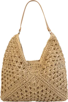 Produktbild von Strandtasche Strohtasche Damen, Boho Umhängetasche, Tragetasche, Handtasche für Urlaub Reisen, Khaki