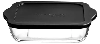 A clear, professional shot of a glass baking dish with a black lid.