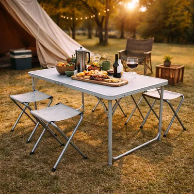 5er Alu Campingmöbel Set Outdoor Camping Tisch Tragegriff + 4 Klapphocker