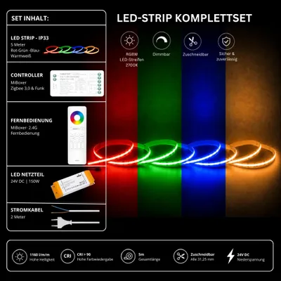 Produktbild von LED Streifen Set RGBW – COB LED Streifen 24V, punktfrei, 20 W/m, 5m, RGB + Warmweiß 2700K, CRI 90, IP33 – SS150 Netzteil, SZ5 Zigbee 3.0 Controller und C5 Fernbedienung Weiß