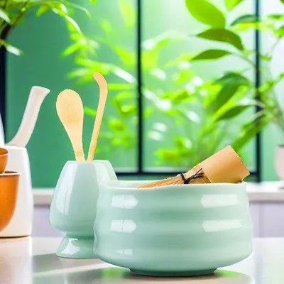 Produktbild von Matcha-Kaffee-Set aus Keramik mit Holz-Accessoires