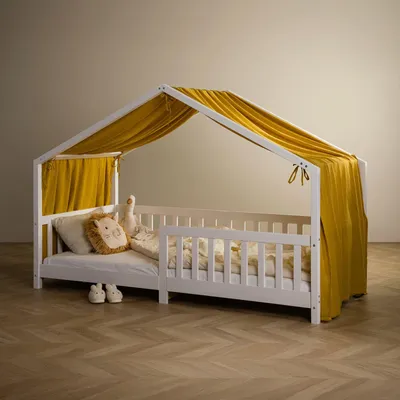 Produktbild von Hausbett Himmel LIAN in senfgelb - Betthimmel aus 100% Baumwolle, Baldachin Musselin zweilagig, Bettvorhang für Kinder, Hausbett Deko