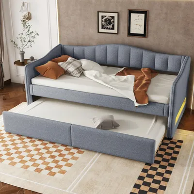 Produktbild von MODFU Schlafsofa Tagesbett 90x200cm mit Ausziehbarem Unterbett 90x200cm und Lattenrost, Daybett Kinderbett Jugendbett mit Ambiente-Licht, Grau(mit Matratze)