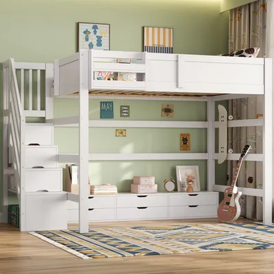 Produktbild von Hochbett aus Holz mit 6 Schubladen, großer Stauraum unter dem Bett und Treppe mit integriertem Stauraum, 140 x 200 cm, Weiß