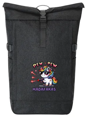 Produktbild von Huuraa Kurierrucksack Pew Pew cooles Einhorn 30-44 Liter Black Melange Fairtrade Rolltop Rucksack Geschenkidee