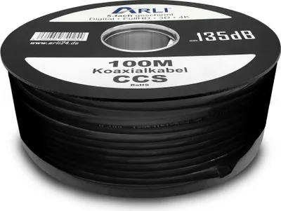 Produktbild von 100m ARLI Koaxialkabel 135dB schwarz 5-fach geschirmt – Sat Antennenkabel für DVB-S/S2 DVB-T/T2 DVB-C/C2 4K UHD HDTV