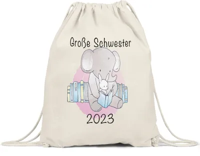Produktbild von Große Schwester 2023 Turnbeutel Gymsack Süßes Motiv Elefant Hase Schwangerschaft Geschenkidee Baby-News