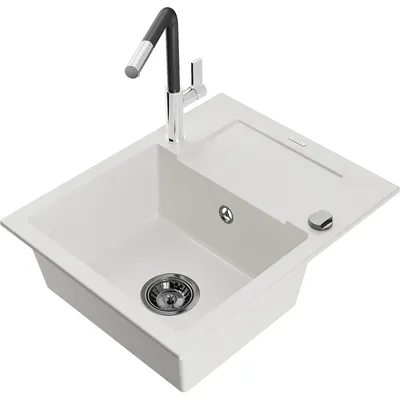 Obrázek produktu pro Mexen Enzo 1-miskový granitový dřez s odkapávačem a kuchyňskou baterií Flora, Bílá - 6506-20-670401-07-B