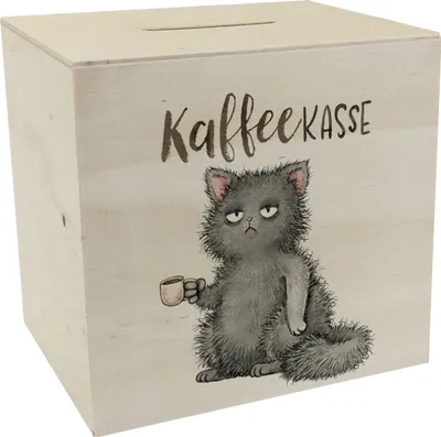 Produktbild von Katze mit Tasse Spardose aus Holz mit Spruch Kaffeekasse
