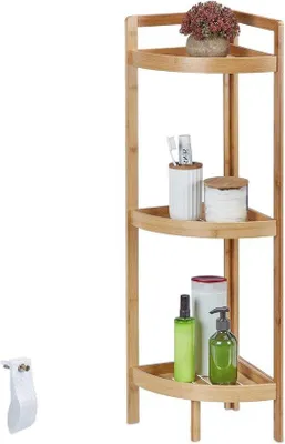 Obrázok produktu pre Bambusový rohový regál 3 polkruhové police - 90x365x26 cm - Stojaci regál do kúpeľne a kuchyne - prírodný