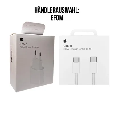 Produktbild von Apple 20W USB-C Power Adapter+ Apple 1m 60W USB-C Ladekabel Ladegerät iPhone 16 15Pro Max Macbook iPad