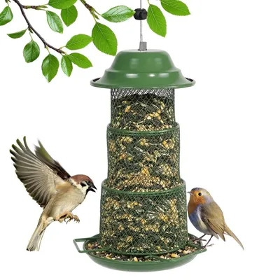 Produktbild von Vogelfutterspender zum Aufhängen, Eichhörnchensicher, Metall-Dach, 360° Futterzugang, Grün