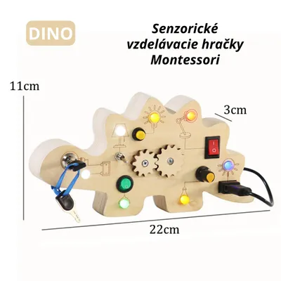 Obrázok produktu pre Montessori senzorická drevená hračka – Busy Board pre deti od 3 rokov – Tlačidlová tabuľa Dino