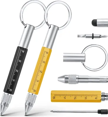 Produktbild von Herrengeschenk, 6-in-1-Multifunktionsstift, 2 Stück Multifunktions-Kugelschreiber mit runder Schnalle, nützliche, ungewöhnliche Gadgets, Geschenk für Papa, lustiges, originelles Weihnachtsgeschenk für Männer/Frauen (Schwarz + Gelb)