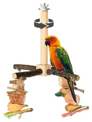 Image de Jouet pour oiseaux, barre de perche rotative à 360°, avec jouet à mâcher en bois naturel, dimensions : 23 x 23 x 28 cm