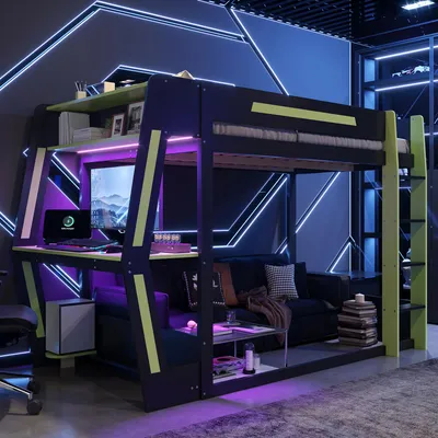 Produktbild von STILVORA Gaming-Hochbett 120 x 200 cm mit Gaming-Schreibtisch, Hochbett mit PC-Ablage und Stauraum, Kinderbett mit LED-Beleuchtung