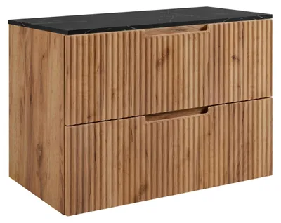 Zdjęcie produktu dla RODAN | Szafka pod umywalkę 80 cm - Brązowa - Ryflowane fronty - Wisząca - Soft-Close - Blat czarny marmur
