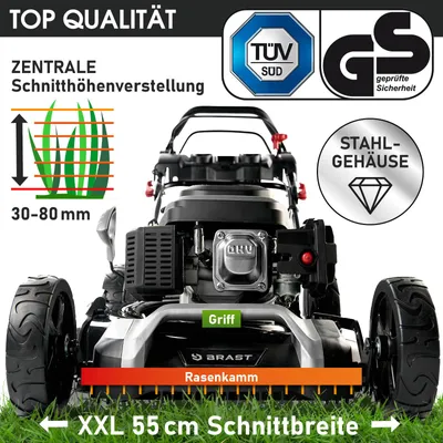 Produktbild von BRAST Benzin Rasenmäher mit Antrieb | 5,2kW (7PS) | Elektrostart | 55cm Schnittbreite | viele Modelle | 30-80mm Schnitthöhe | 60L Fangkorb | 4 Takt OHV Motor | Stahlgehäuse | ESTART Speed