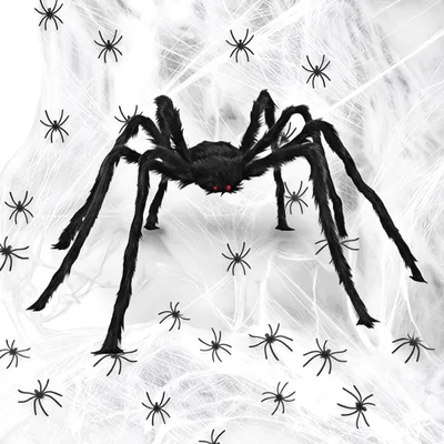 Halloween-Deko-Set: Riesen-Spinne 1,5 m + Netz + 200 Mini-Spinnen