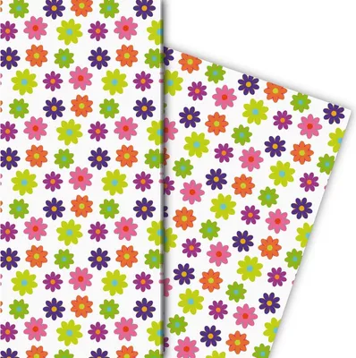 Produktbild von Buntes 70er Jahre Blumen Geschenkpapier im Retro Design, grün - G8136, 32 x 48cm