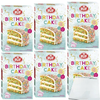 Produktbild von Ruf Birthday Cake Backmischung für Geburtstagskuchen 6er Pack (6x425g Packung) + usy Block