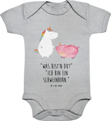 Produktbild von Mr. & Mrs. Panda Babybody Einhorn Schwein 12. - 18. Monat - Heather Grey - Geschenk, Strampler, Unicorn, Einhörner, overall baby, Freundin, Kurzarmbody, Babystrampler