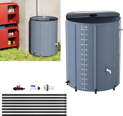 Produktbild von XINZI Faltbare Regentonne Regenfass - Regenwassertonne Wassertank Regentank mit Wassereinlassgitter & Abflussventil Regenwassertank, 500L, Dunkelgrau