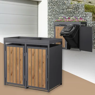 Zdjęcie produktu dla ML-Design 2-pojemnikowy pojemnik na odpady z dachem do sadzenia, pokrywa na 2 pojemniki, 240 l, 132x80x124 cm, antracytowa stal drewnopodobna, pojemnik z drzwiczkami