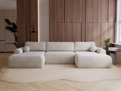 Produktbild von GrainGold Ecksofa U-Form Savana - Ecksofa mit Schlaffunktion, Bettkasten - Wohnlandschaft, Wohnzimmer Ecksofa - Eckcouch Hellbeige (Vena 09)