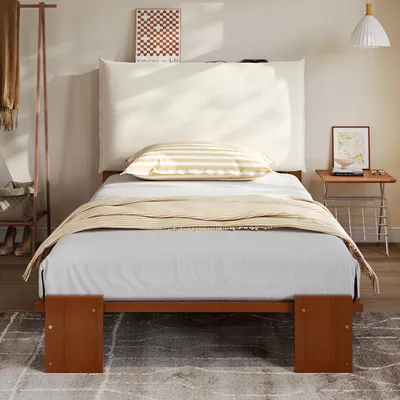 Produktbild von Flieks Holzbett Klassisches Bett 90x200cm mit gepolsterter Rückenlehne, Jugendbett Kinderbett mit Lattenrost, Einzelbett Braun