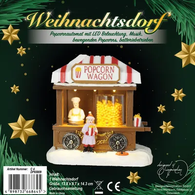 Produktbild von e4fun Weihnachtsdorf Popcornstand mit LED Beleuchtung,bewegenden Popcorn Batteriebetrieben