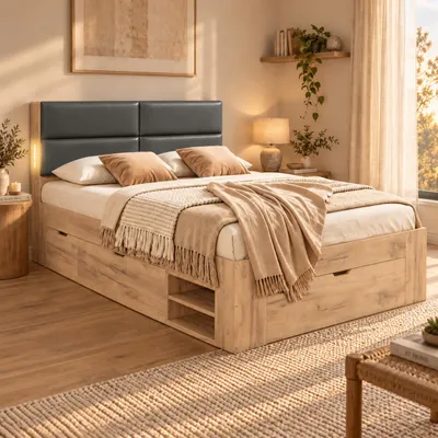 Obrázok produktu pre MODFU, posteľ pre mládež, 140x200 cm, drevená posteľ s úložným priestorom, s zásuvkami a nočným svetlom, funkčná posteľ s USB a USB-C portami, čalúnená posteľ s čelom, bez matraca, prírodný dizajn, Obrázok generovaný UI