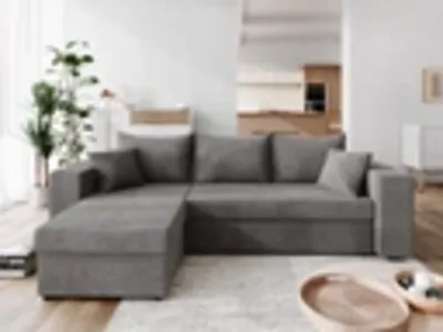 Produktbild von Ecksofa DOMINO Kleine Ecksofa mit Schlaffunktion und zwei Bettkasten, Liegefläche 140x200 cm, Universelle Ecklösung, 2 Bettzeugcontainer, Grau(Manila1