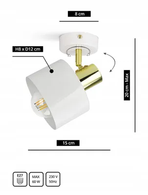 A white and gold ceiling lamp with dimensions indicated.