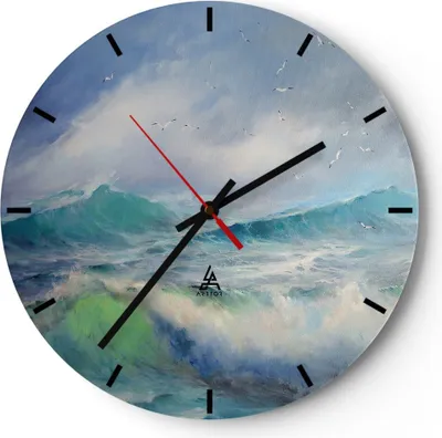 Produktbild von Wanduhr - Rund - Glasuhr - Meer Welle Möwe - 40x40cm - Schleichendes Uhrwerk - Lautlos - zum Aufhängen bereit - Dekoration Modern - Wanddekoration aus Glas - C3AR40x40-3783