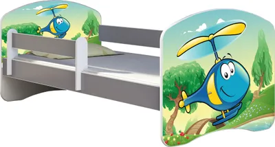 Produktbild von ACMA Jugendbett Kinderbett Junior-Bett Komplett-Set mit Matratze Lattenrost und Rausfallschutz Grau 35 Hubschrauber 160x80