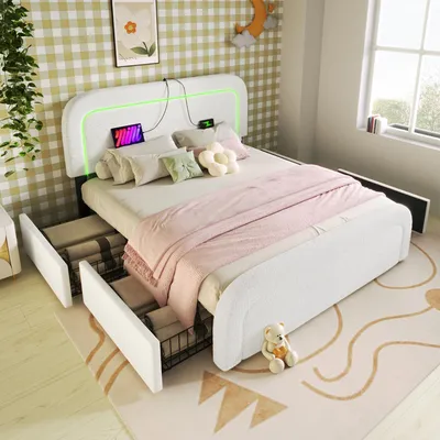Immagine prodotto di Letto matrimoniale imbottito 140x200 cm con struttura contenitore, dotato di porta USB di tipo C, illuminazione a LED e 4 cassetti. Il letto ha un'altezza regolabile e una testiera imbottita
