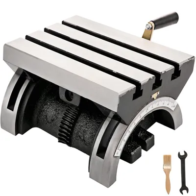 Zdjęcie produktu dla Obrotowy stół frezarski VEVOR - 10 x 7 cali (25 x 18 cm), kąt nachylenia 0-90°, regulowana płyta obrotowa do frezarek, z 3 rowkami teowymi i regulowanym kątem nachylenia